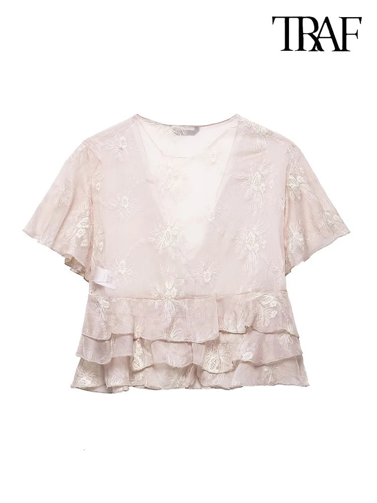TRAF Womens Fashion Elegant Chic Stacked Ruffles ed Short Top Sexy Slim VNeck Sleeve Ladys 250514