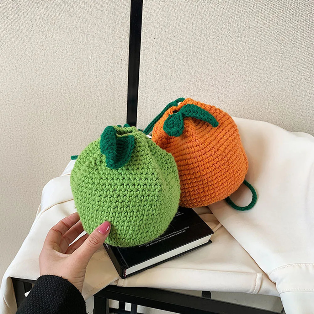 Female Knitted Purse Drawstring Crossbody Bag Orange Shape Cute Fruit Pouch Daily for Girls Women 250514