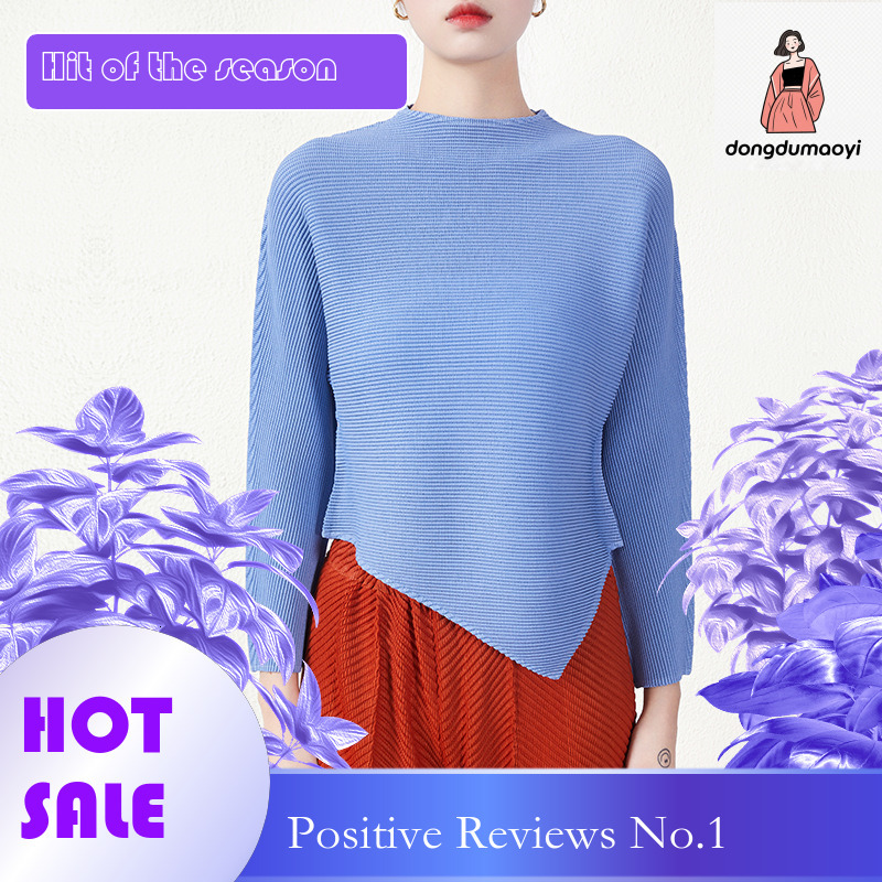 dongdumaoyi Miyake long sleeved t-shirt for women in spring autumn, irregular hem with pleated base, stylish and unique top
