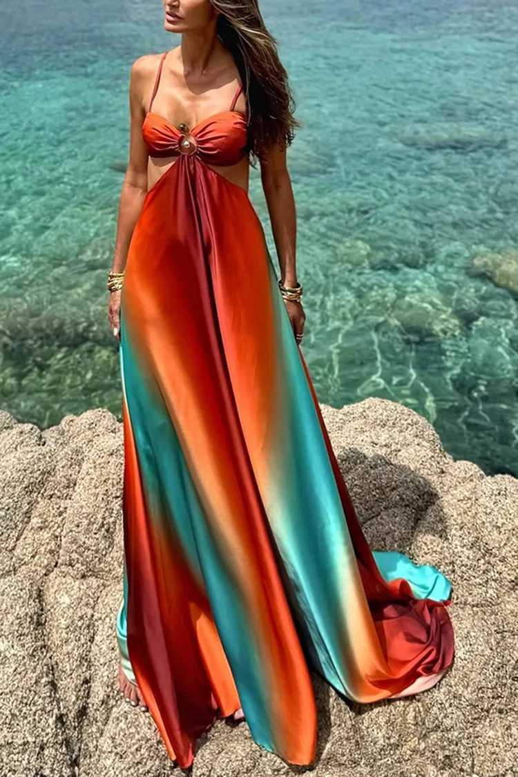 Sexy Gradient Hollow Out Maxi Dress Women Backless Sleeveless Sling Long Dresses 2025 Summer Vacation Boho Beach Satin RobesXJ250514