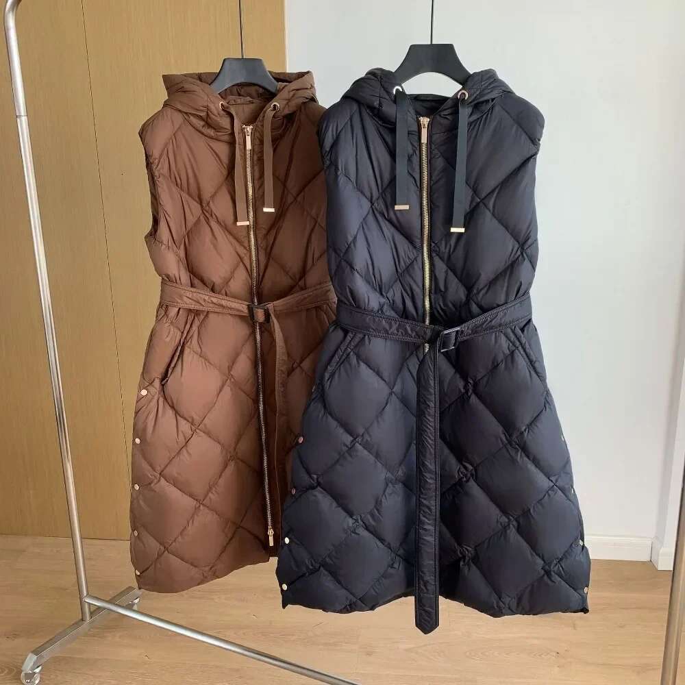 2024 New Women Down Sleeveless Vest Winter Zipper Up Belted Hooded Dia Lattice Thicken Warm Puffer Waistcoat