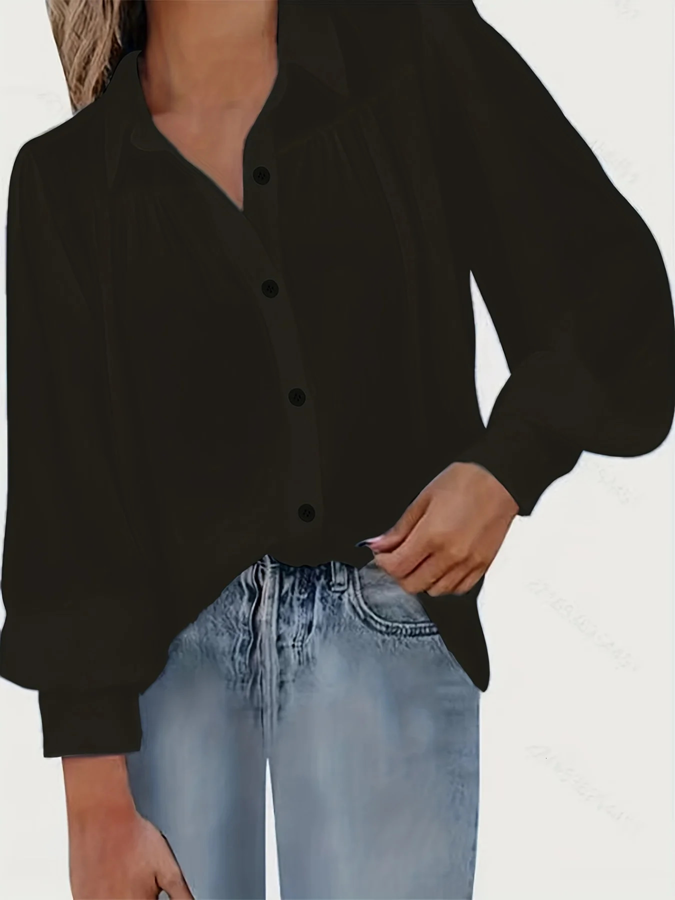 Plus Size 1XL5XL Womens Fashion Basic Blouse Ladies Solid Button Up Lantern Sleeve Turn Down Collar Shirt 250514
