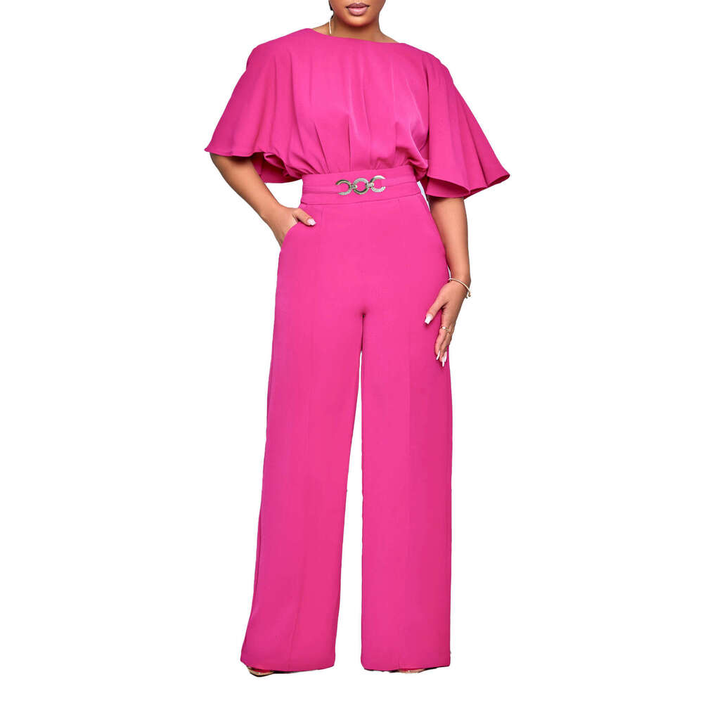 Women's Wear Women's Wear Women's Summer Fashion Round Neck Solid High Waist Large Size Wide Leg Jumpsuit