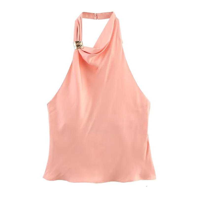 TRAF Pink Pleated Skirt Set 2 Piece Woman Satin High Waist Midi Women Backless Halter Crop Top Female Beach Womens Skirts 250514