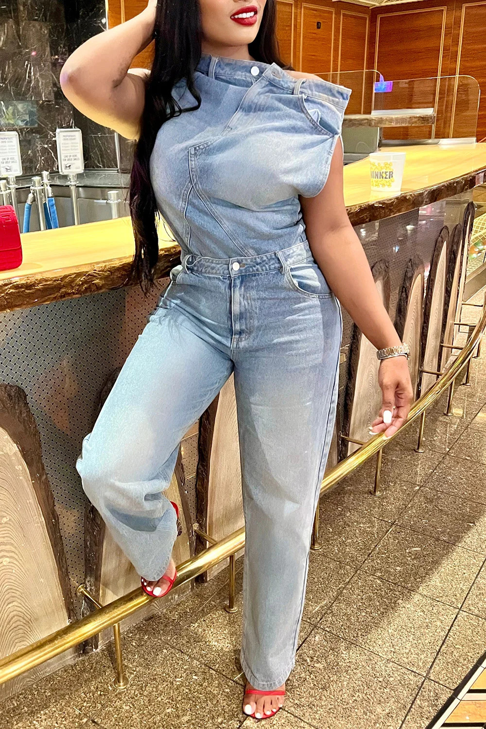 Large Blue Daily Denim Asymmetric Sleeveless Two Piece Pants 250506