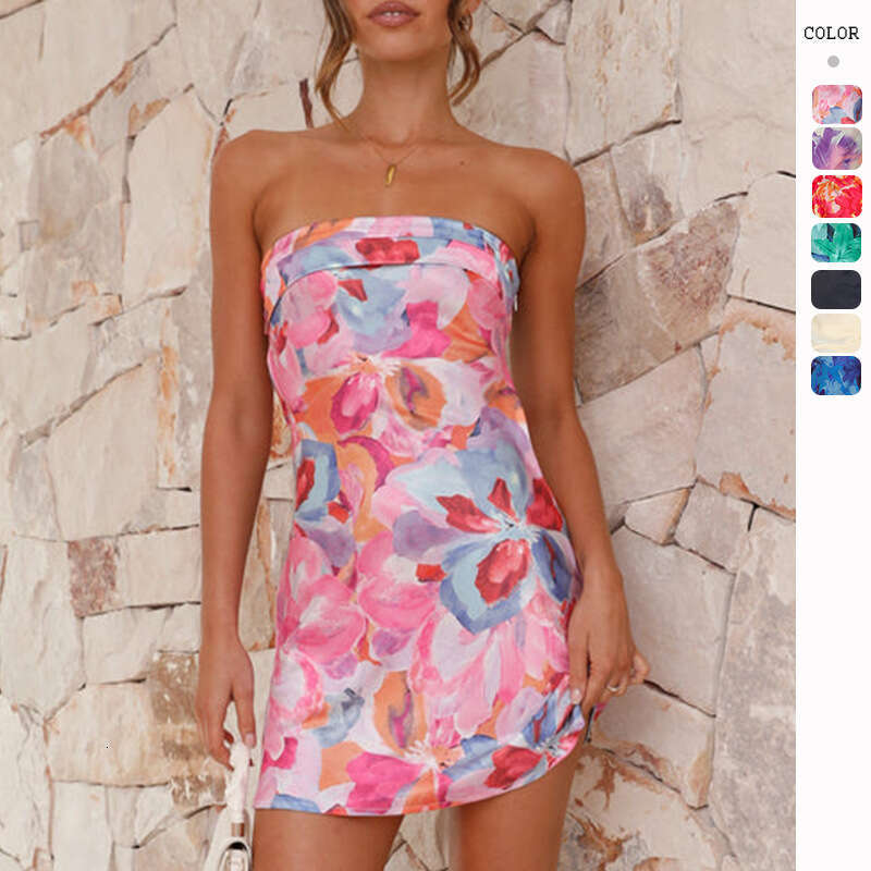 Fulllace Dresses for Woman Party Skirt Goth Dresses for Woman Elegant for A Wedding New Sexy Strapless Backless Floral Print Short Skirt Dress for Sum