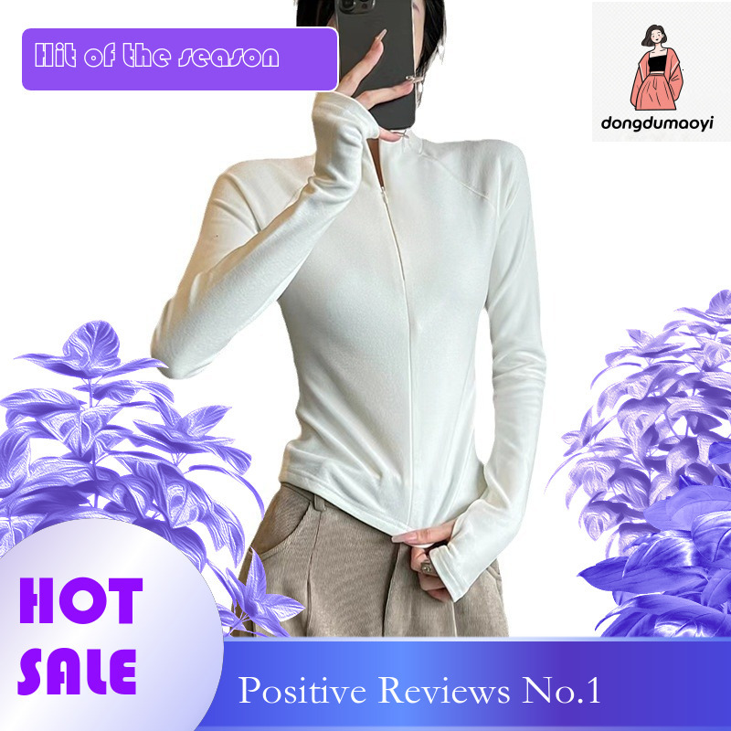 dongdumaoyi Double sided German velvet zipper bottom shirt for women, 2023 autumn and winter new item, slim fit warm long sleeved stand up collar top 