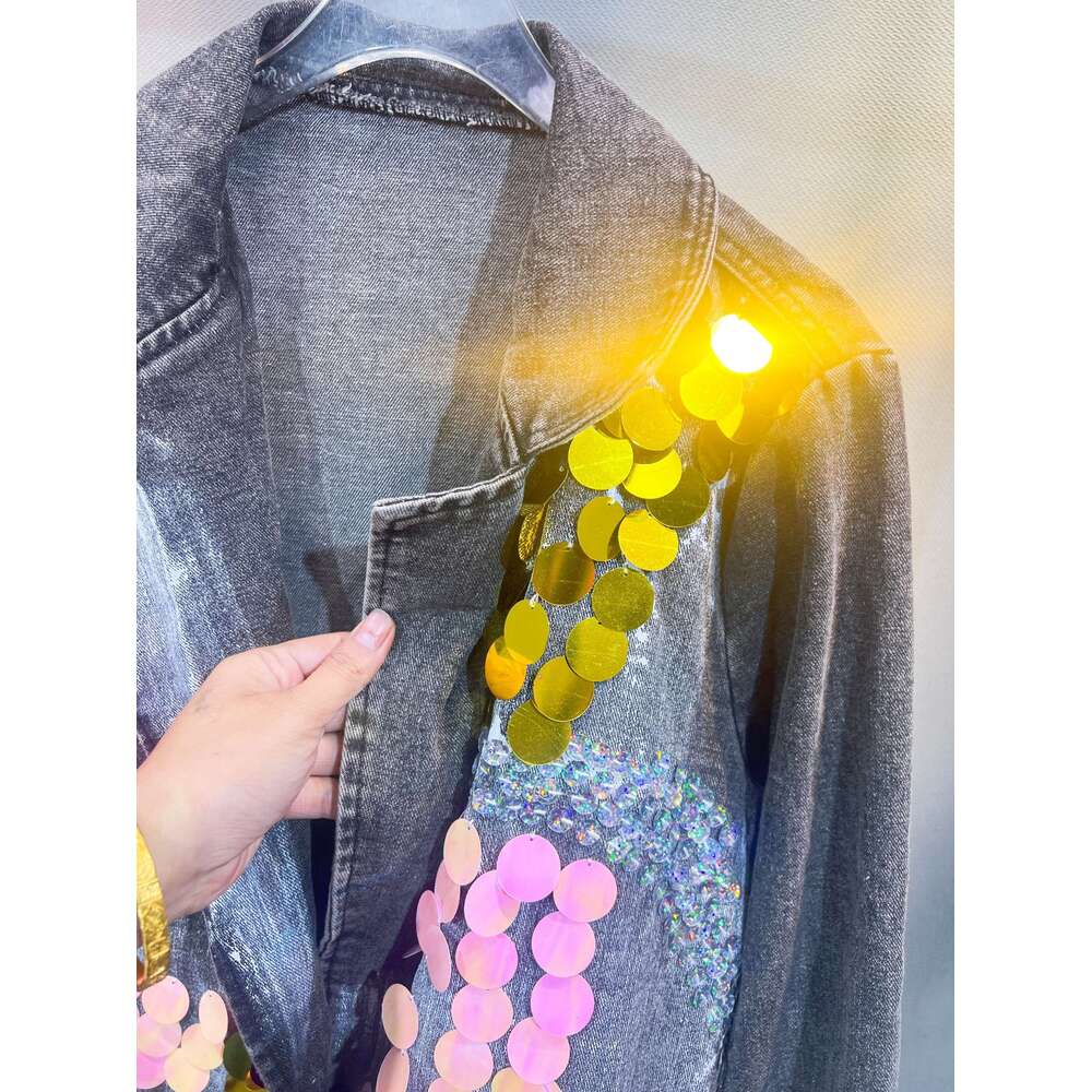 Hand Painted Heavy Sequined Denim Suit Coat Spring Mid Length Blazers Jacket Turn Down Collar Jeans Cardigan Loose Cowboy Tops