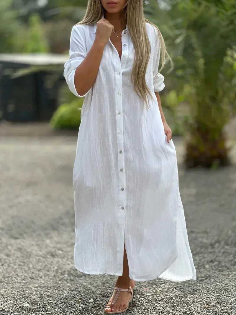 2025 Spring Cotton Linen Women Long Dress White Solid Pocket Oversize Shirt Dresses Female Casual Fashion Loose Clothes LadiesXJ250514