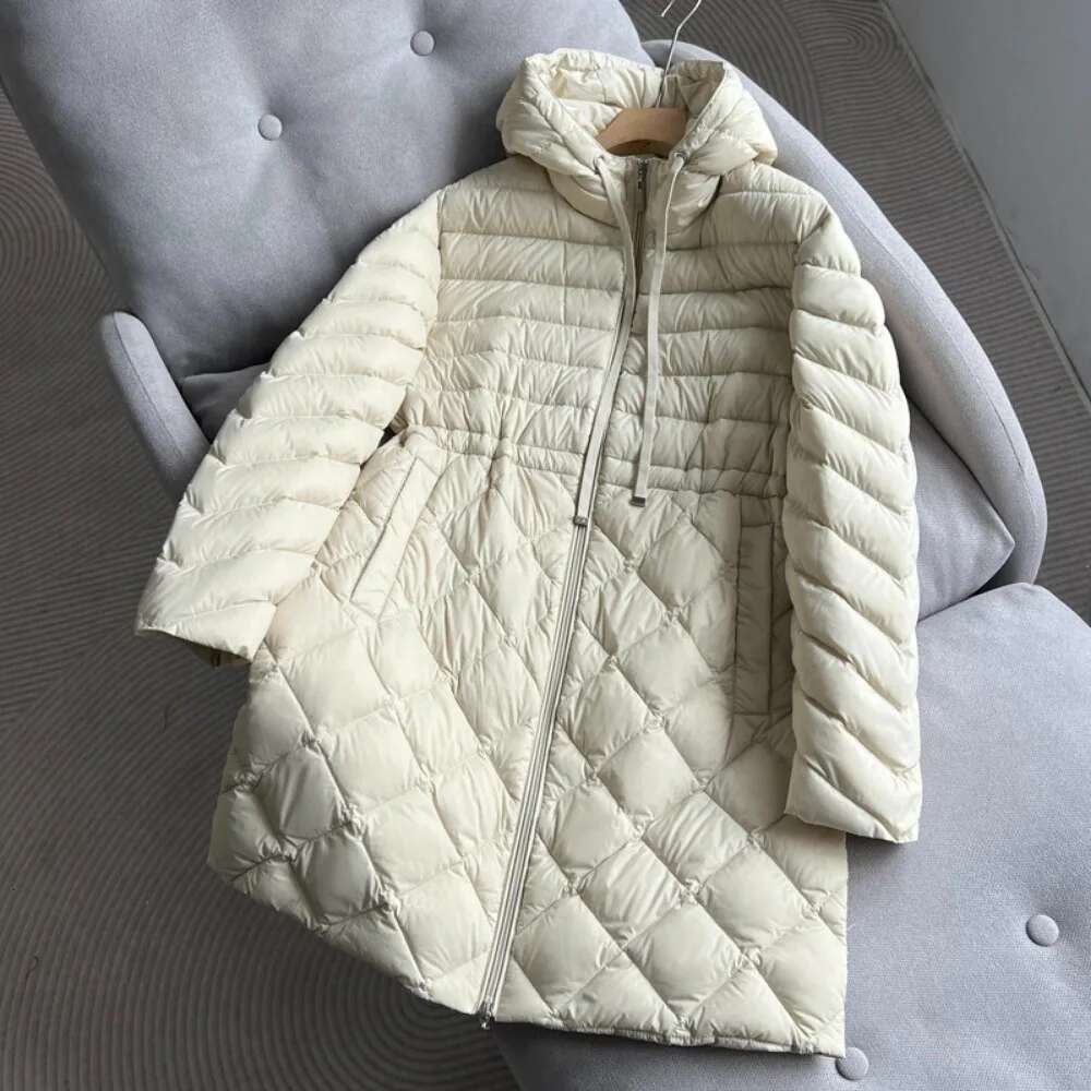 2024 Autumn Winter Slim Hooded Puffer Jacket Women Waistband Lightweight Long White Duck Down Coat Female Casual Solid Parka