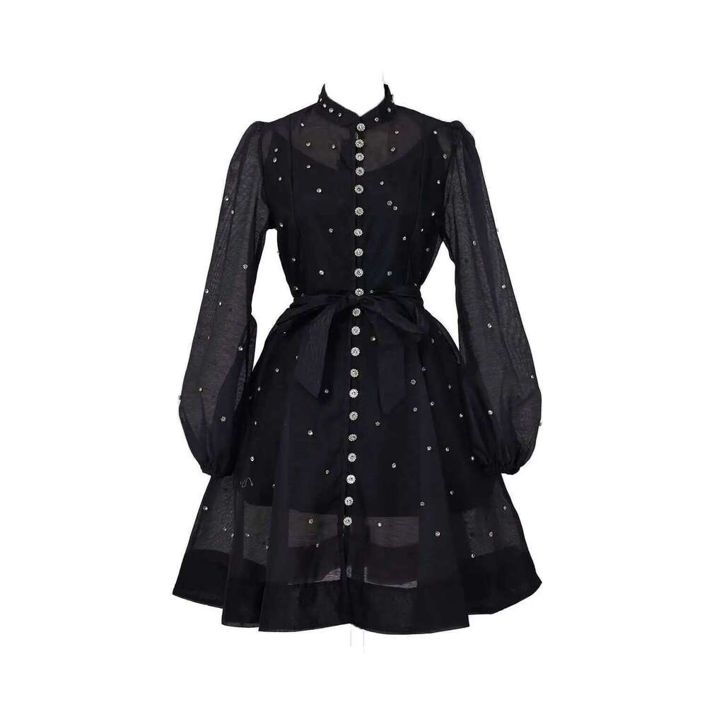 Crystal Short Dresses Women Summer Studded Dia Stand Collar Lantern Sleeve 2025 Sping Loose Evening Party Vestidos