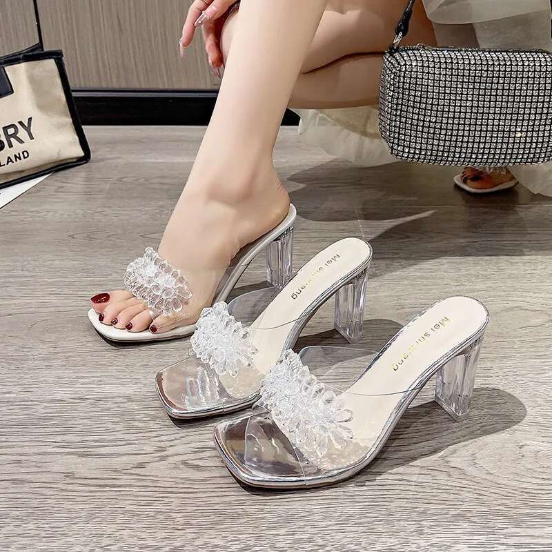 2025 Summer New Sandals Fashion Rhinestones Square Heel Transparent Women Shoes High Heels Female Party Shoe