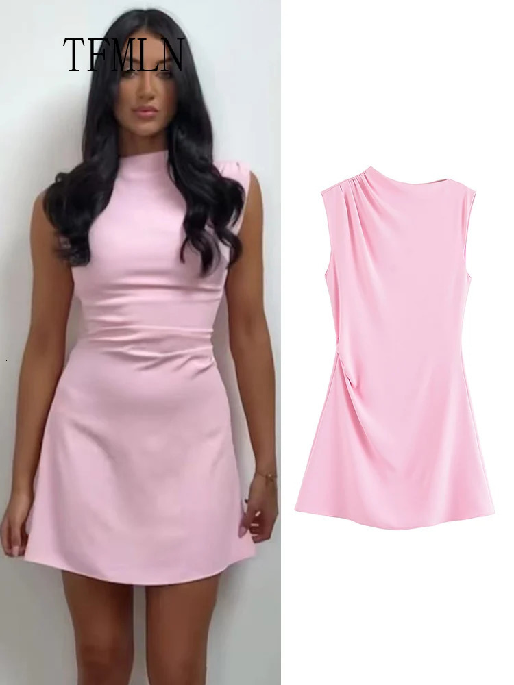 TFMLN Women Summer Asymmetrical Mini Dress Fashion Sweet Solid ONeck Sleeveless Elegant Street Pleated 250514
