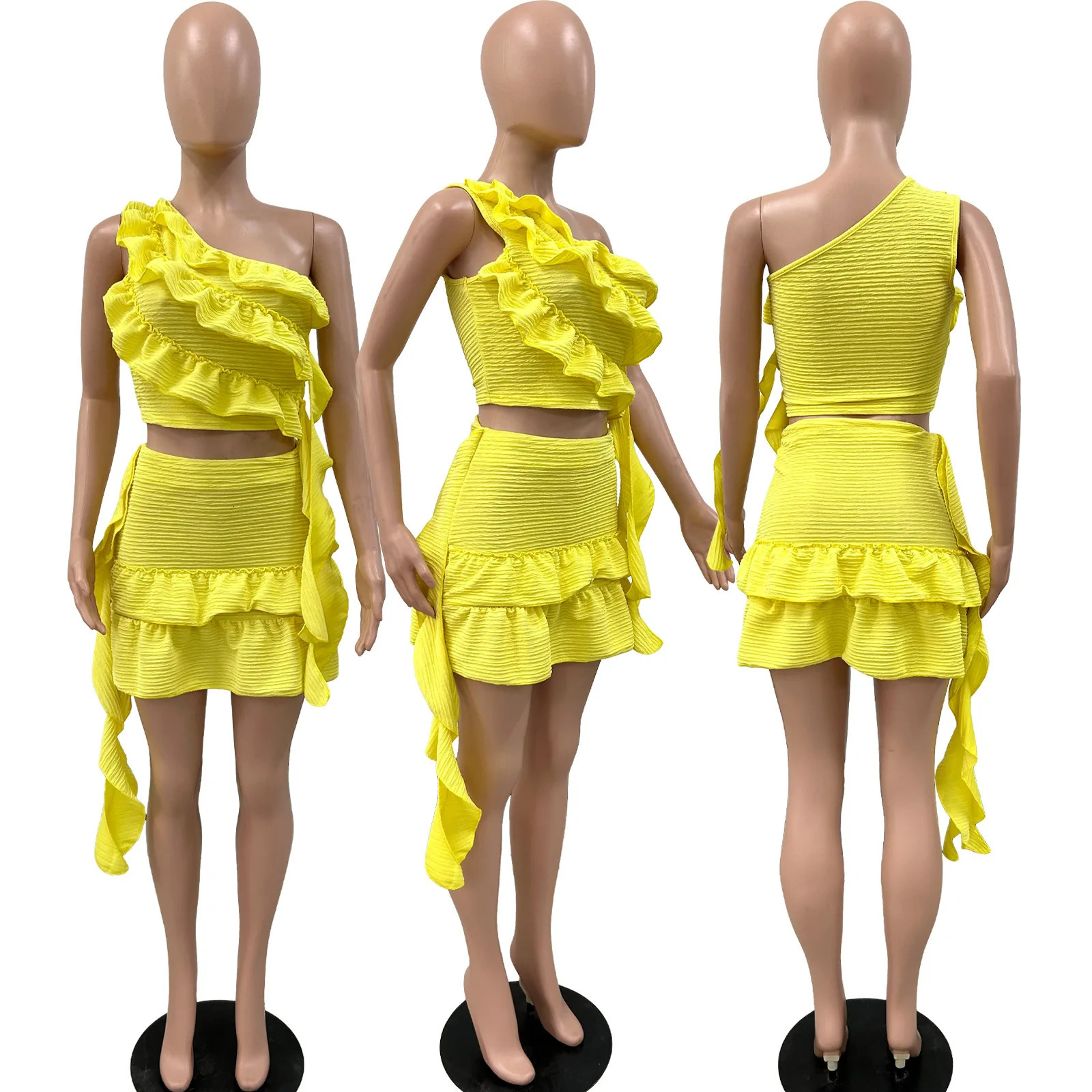 CM.YAYA Women Set Sleeveless One Shoulder Ruffles Tops and Mini Skirt Suits Sexy Cute beach Street Two 2 Piece Set Outfits 250513