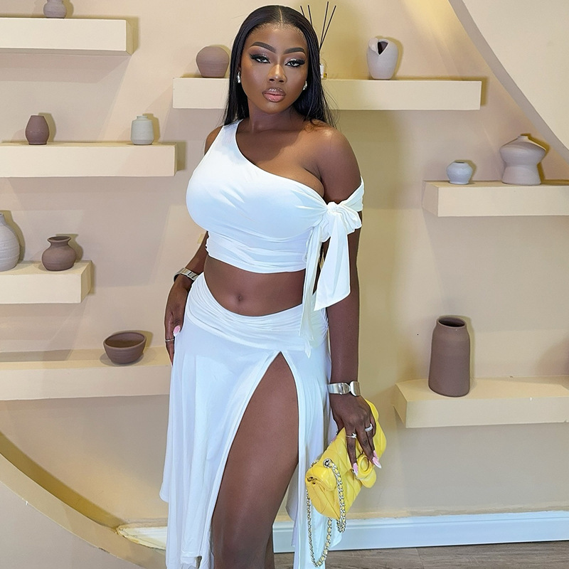 Wind ins womens skirt set sexy sleeveless single shoulder top with ribbon half body split skirt two-piece set suits