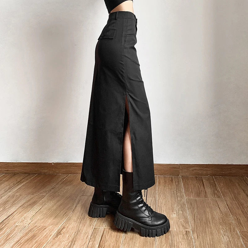 Goth Dark Elegant Mall Gothic Trumpet Women Midi Skirts Grunge High Waist Split Sexy Club Long Skirt Slim Party Streetwear 250514