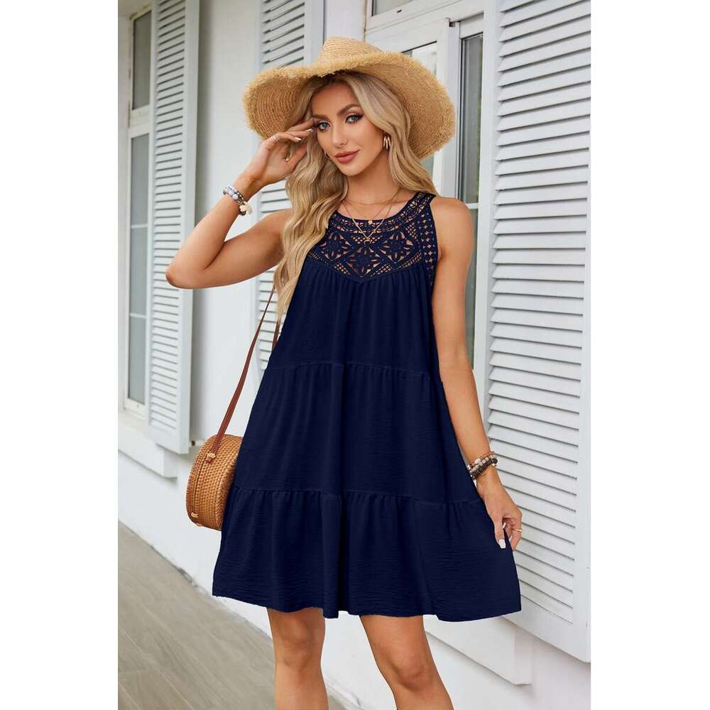 Women Clothes Dress Women S Spring And Summer Hollow Lace Splicing Hanging Neck A Line Dress KQ