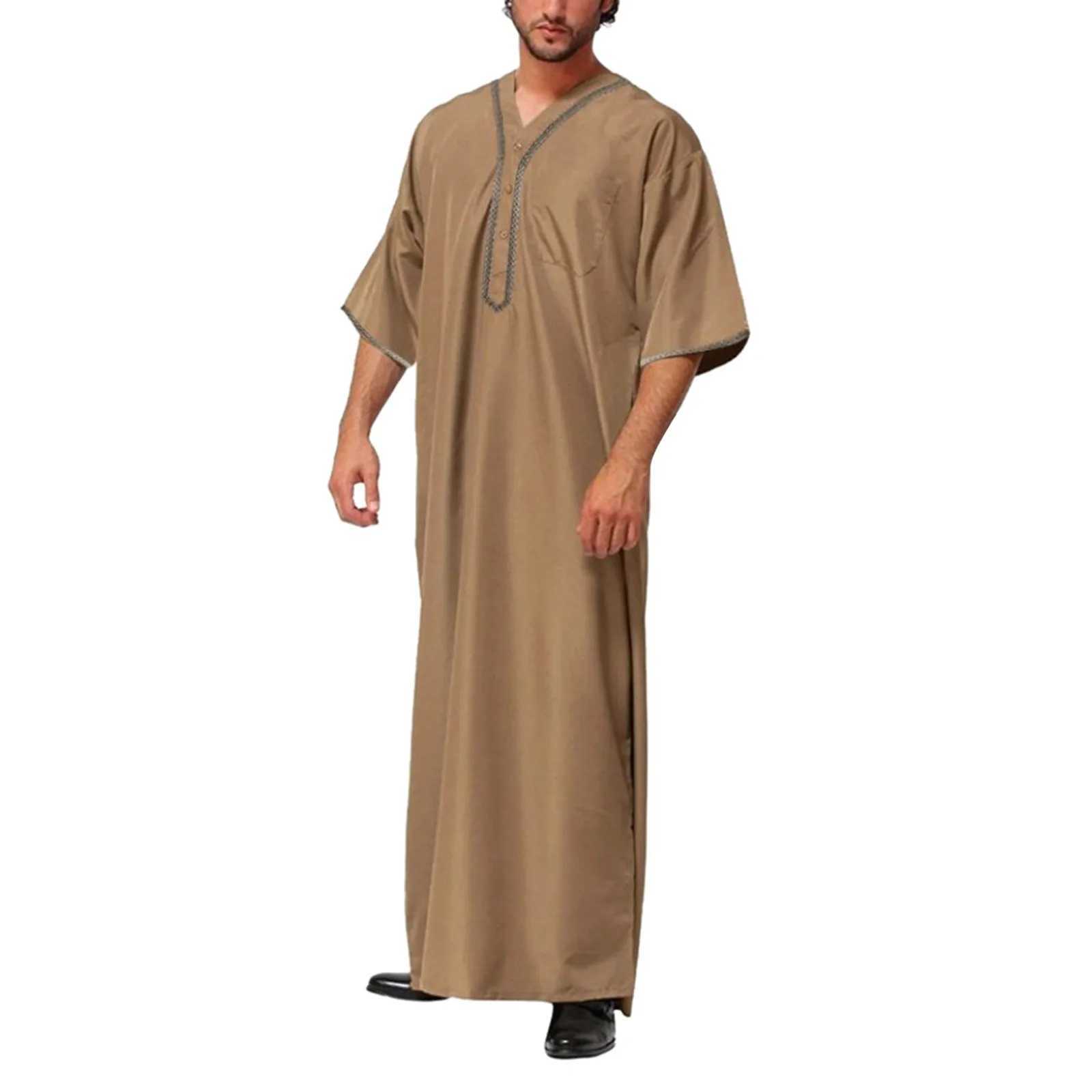 Muslim Men Jubba Thobe Solid Color Button Kimono Middle Robe Saudi Musulman Shirt Stand Collar Islamic Arabic Kaftan Men Abaya X2505141