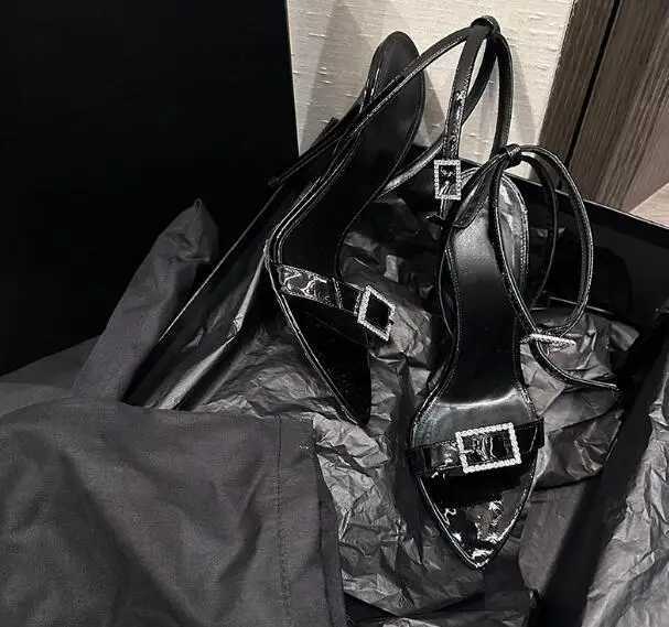Women Black Leather Crystal Bling Rhinestone Buckle Front Summer Slingback Sandals Female 8 10 CM Thin Heels Party Dress Shoes W250514