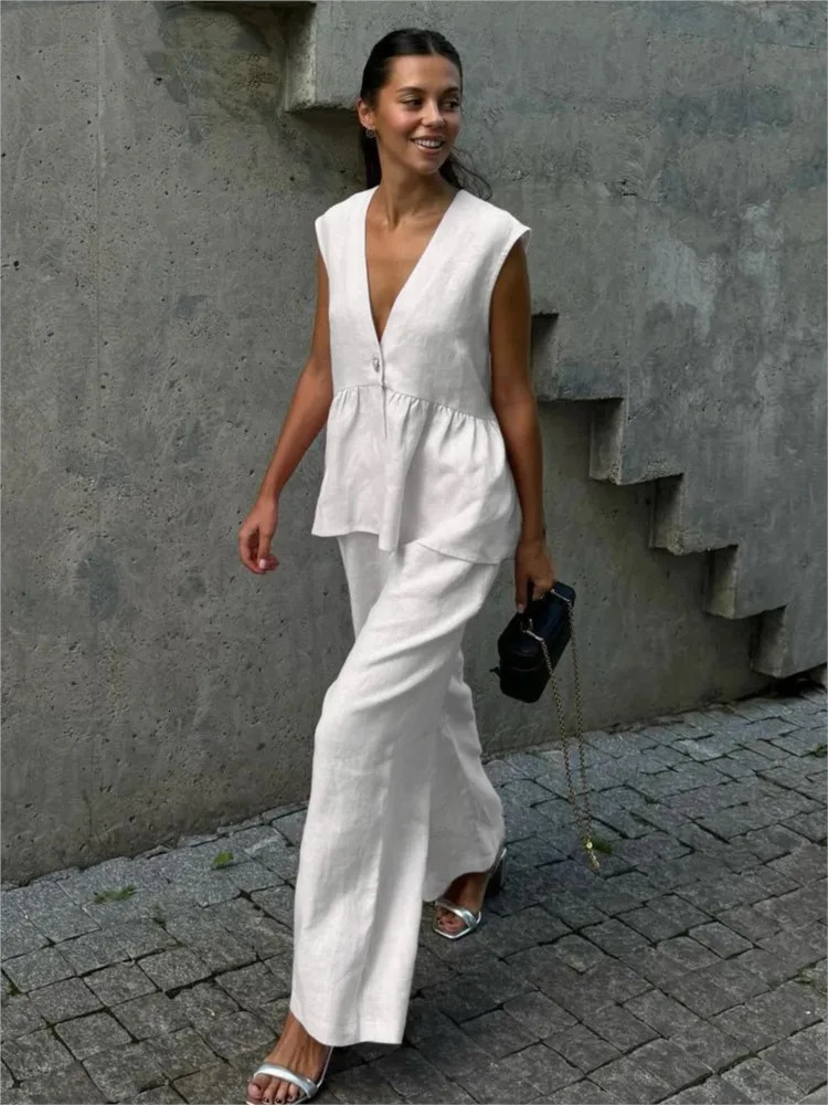 Fashion Pink Cotton Linen 2 Piece Set Women Summer Chic Elegant Outfit Sleeveless Ruffles Tank Top And Loose Wide-leg Pants Sets 250513
