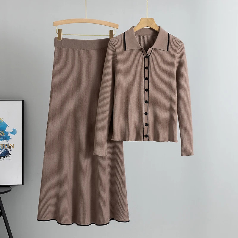 Slim Knitted Two Piece Set for Women Fashion Spring Autumn Long Sleeve Cardigan Sweater Skirt Sets Outfits 250514