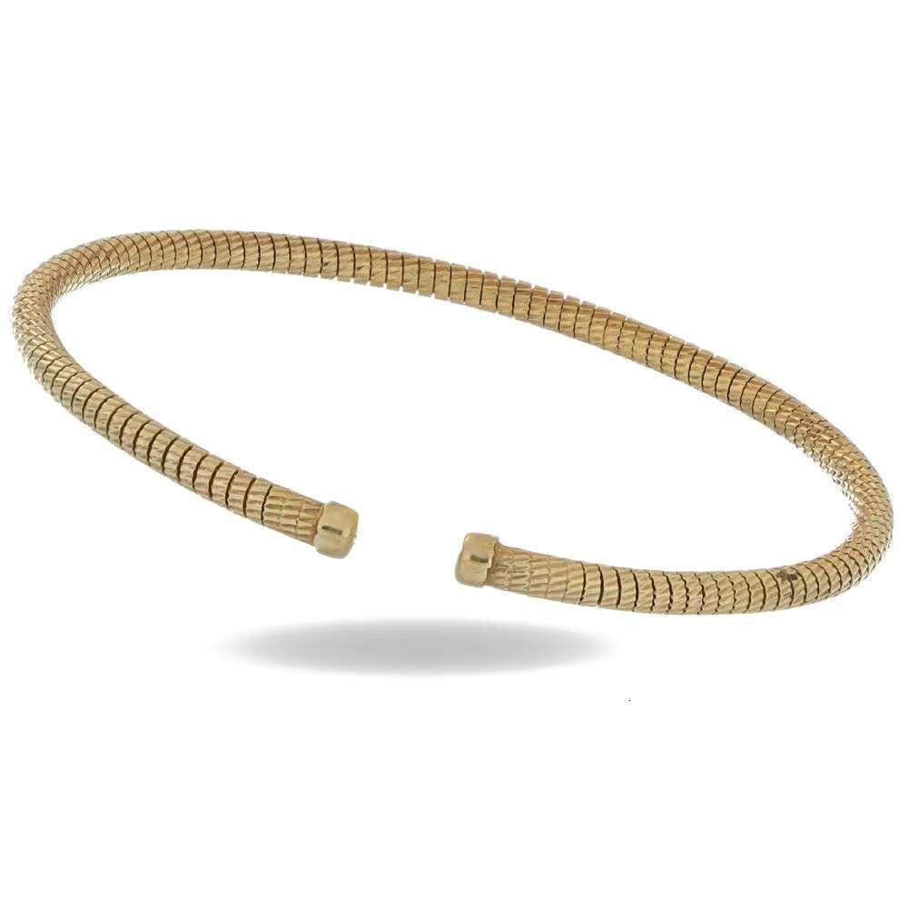 Made in Italy, this elegant handmade open bracelet features a unique and flexible gold design