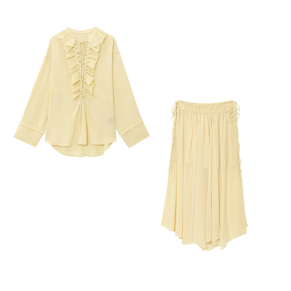 Age Reduction Light Yellow V Neck Long Sleeves Stacked Shirt High Waist Long Skirt Women Suit Set ZATAF 2025 Spring 250513