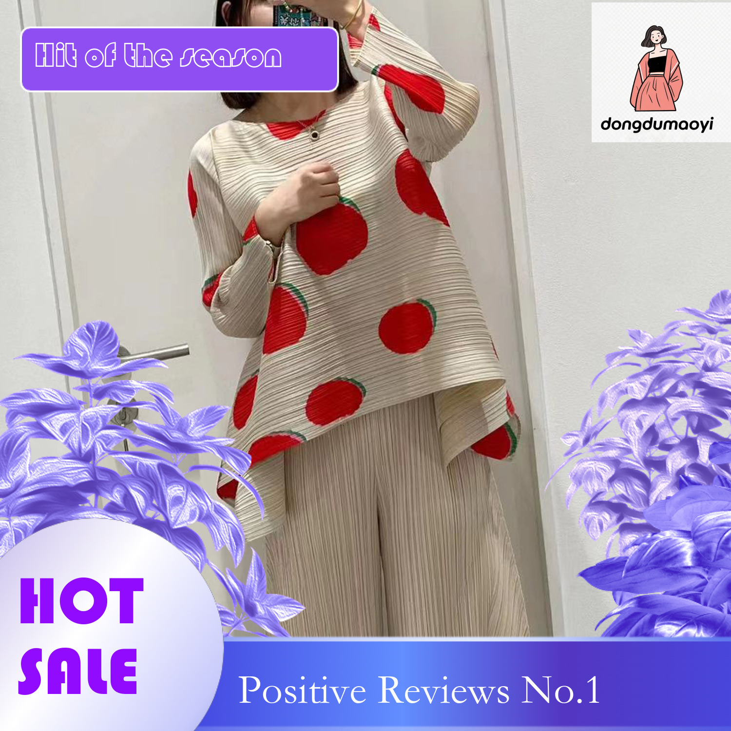 dongdumaoyi Miyake's new Fudou printed western-style slimming polka dot pleated top with spring fashion round neck and loose T-shirt sleeves for 