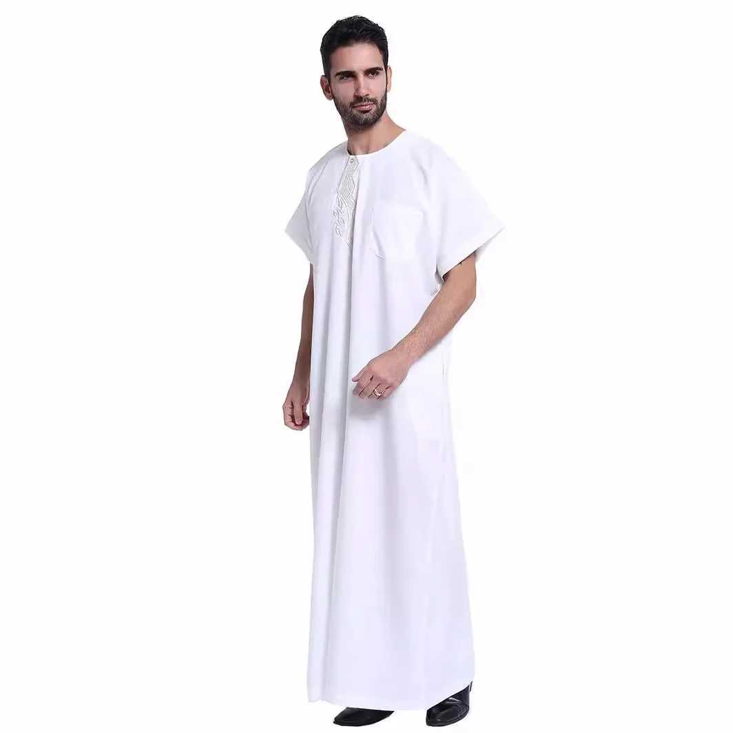Muslim Kaftan for Men Round Collar Blue White Spring Elegant Robe Arab Vintage Long Sleeves Thobe Robe Turkey Embroidered X250514