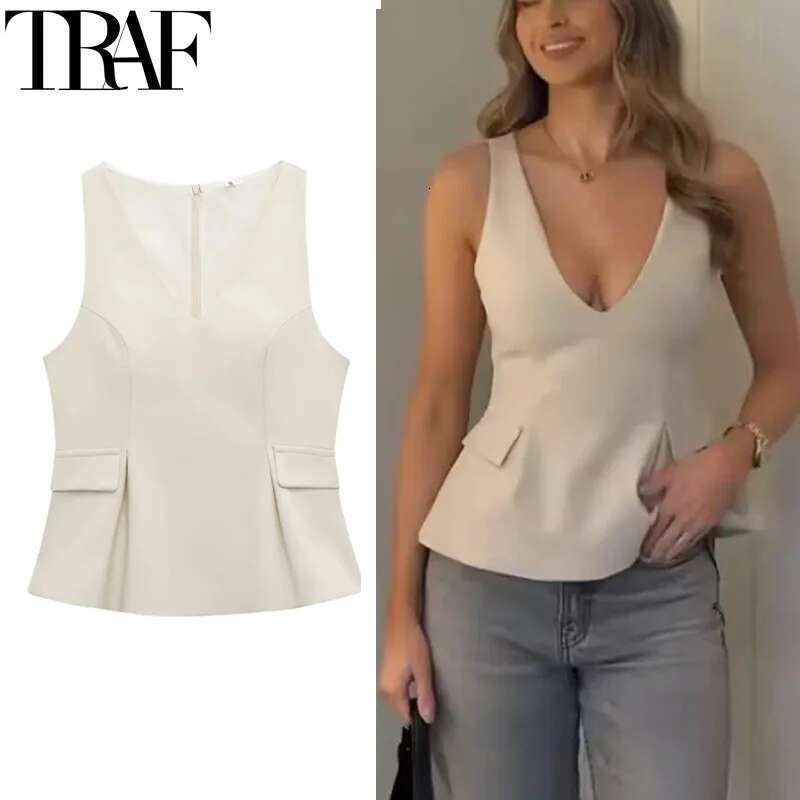 TRAF Women's Tanks Crop Summer 2025 Sleeveless Solid For Woman Fitted Off Shoulder Casual Tops With Straps Vest