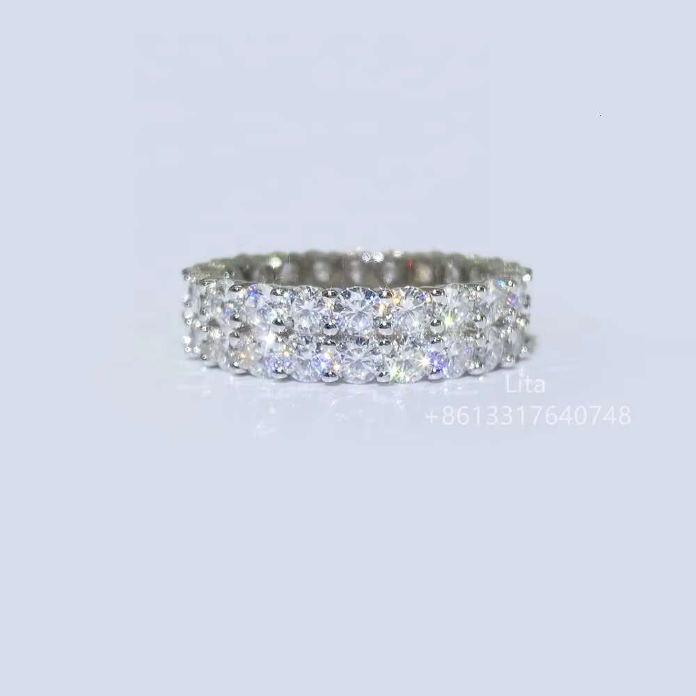 14k Gold Plated Brilliant Sparkle Moissanite Round Shape 3mm Two Rows Tennis Silver GRA Certified Moissanite Ring Men