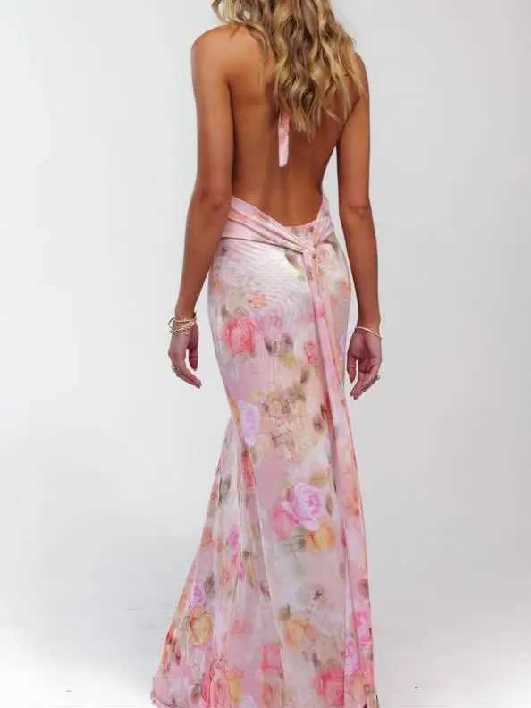 GuliriFei Women Long Dress Sleeveless Halter Dress Backless Flower/Dots Print Summer Cocktail DressXJ250514