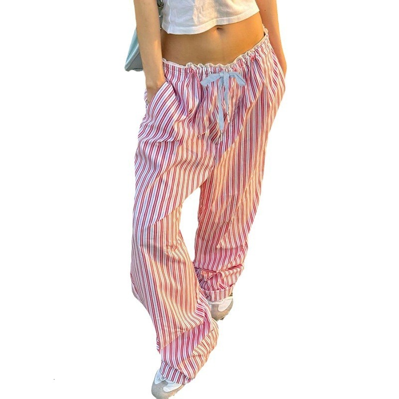 Womens striped patchwork contrasting high waisted drawstring loose straight woven fashionable casual comfortable pants 250320