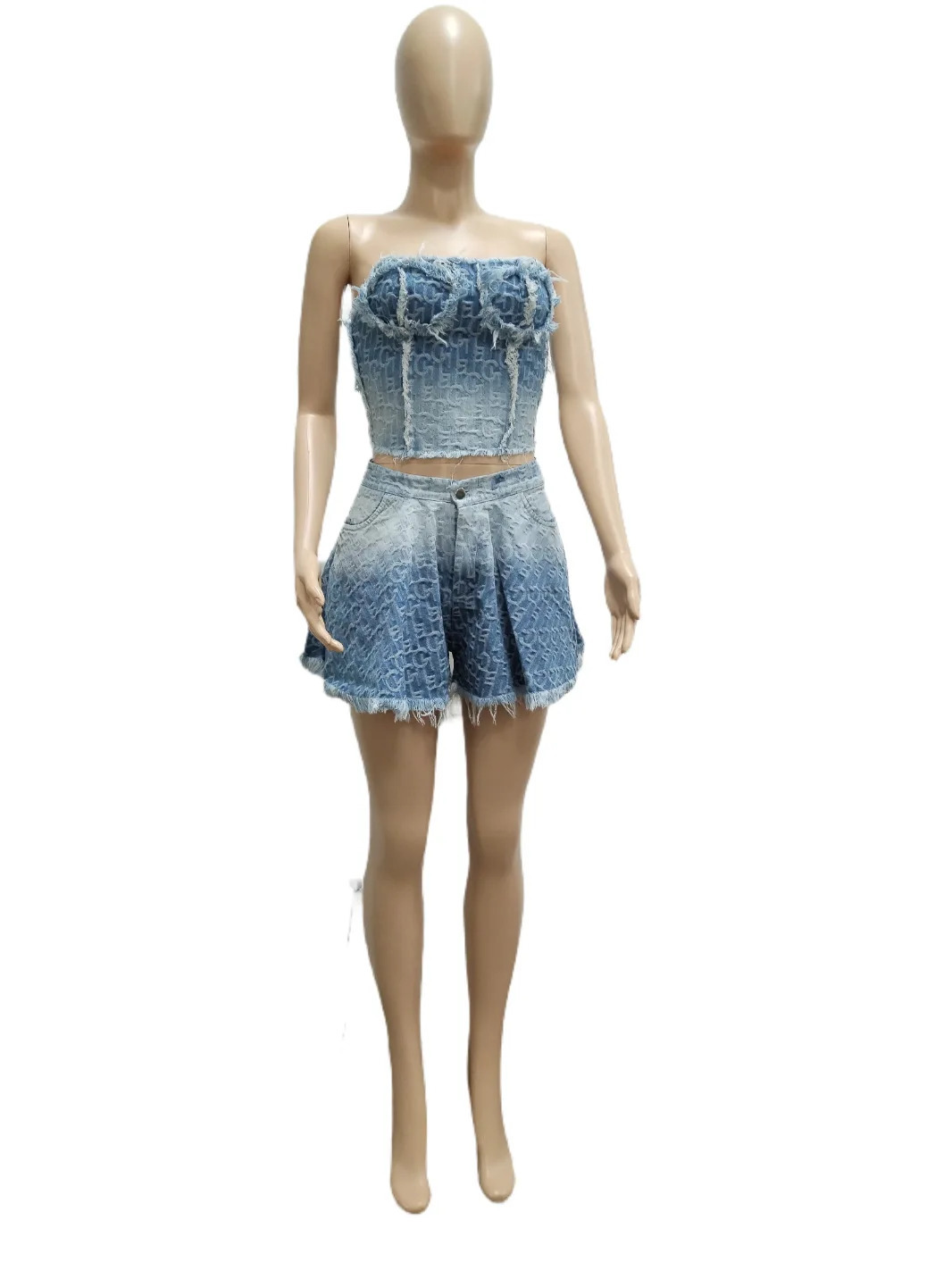 Denim Women Skirts Suit Sexy Strapless Short Tops Print Ensemble Backless Pockets Hem Skirt Female Streetwear 2 Piece Sets 250514