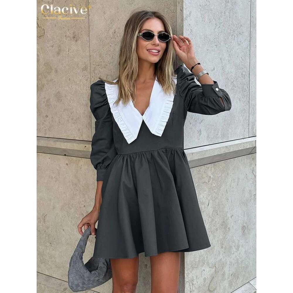 Clacive Fashion Black Patchwork Office Women Casual Lapel Long Sleeve Mini Dresses Elegant High Waist Pleated Female Dress