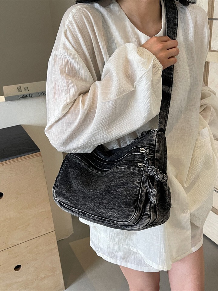 Lazy denim shoulder Harajuku style canvas bag, women's 2024 new large capacity simple crossbody bag