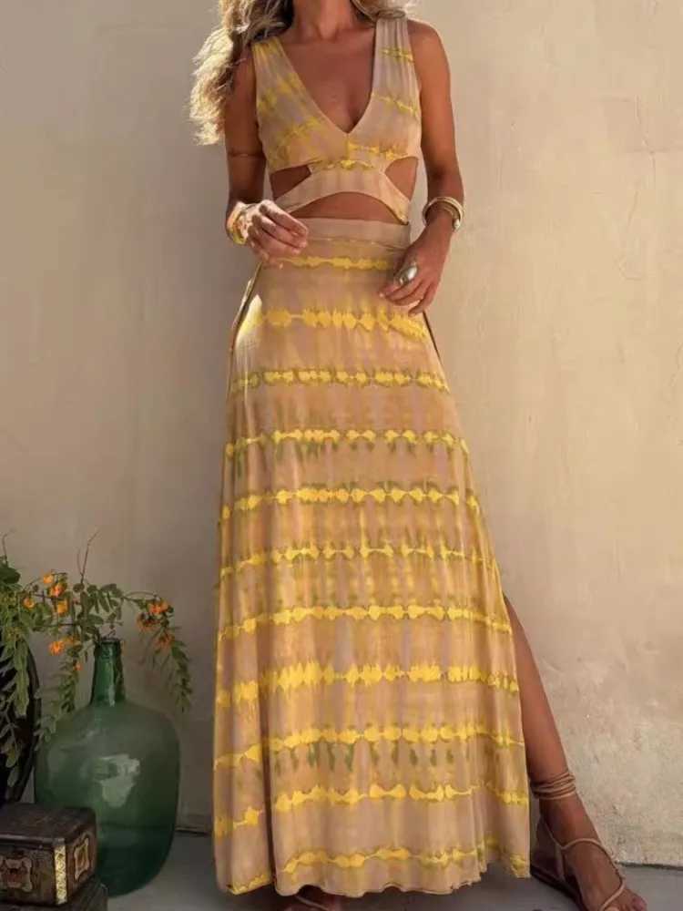 Women Boho Dress Fashion Sexy V Neck Sleeveless Backless Hollow Long Dresses Lady Beach Holiday Dress Women Clothes Summer NewXJ250514