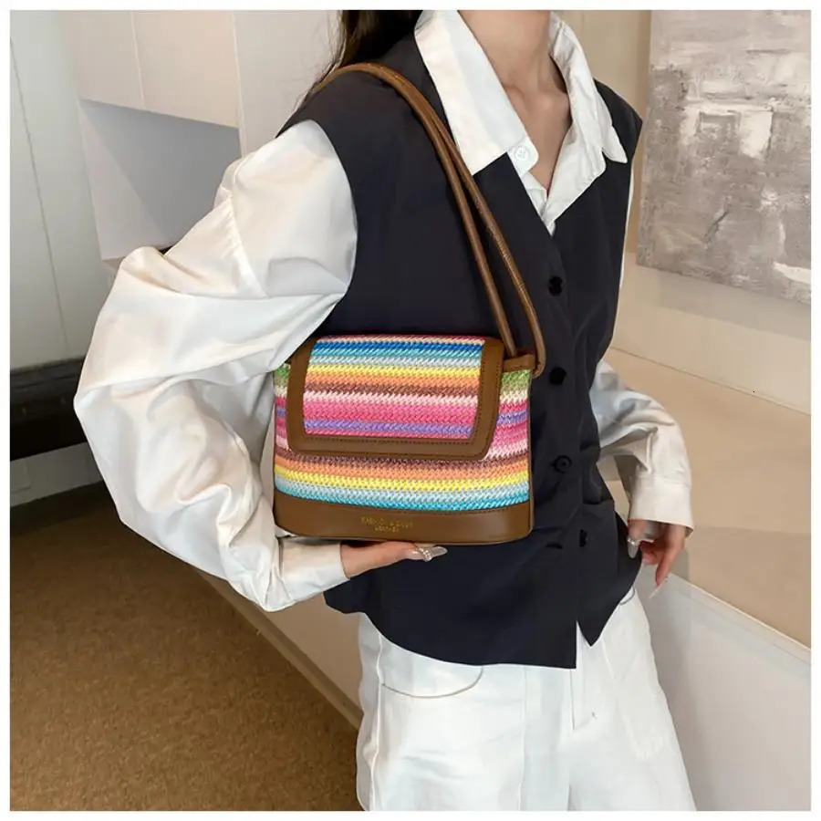 Rainbow beach bag womens woven single shoulder armpit simple and stylish crossbody 250514