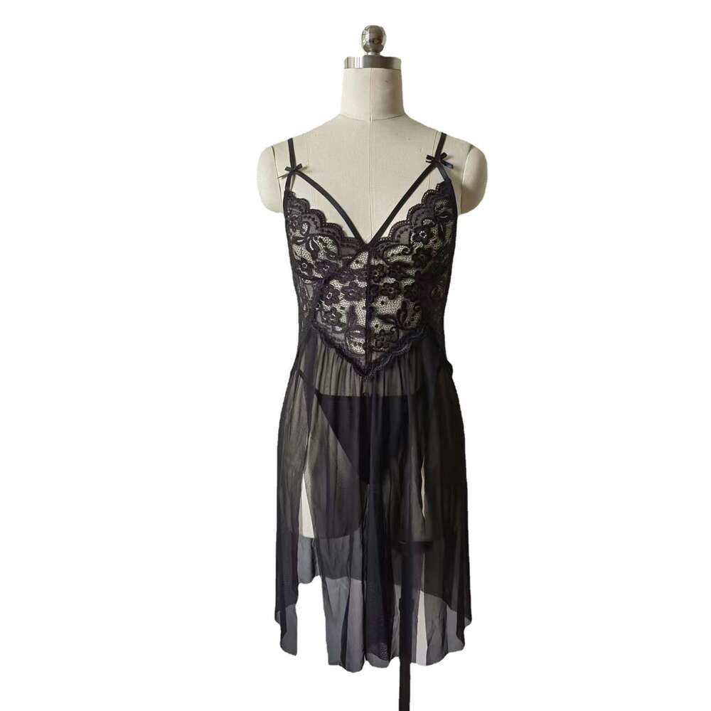 Sexy Lace Lingerie Fun Lingerie For Women Sexy Lace Mesh Patchwork Suspender Slit Exposed Breast Long Skirt Sleeping Dress KQ