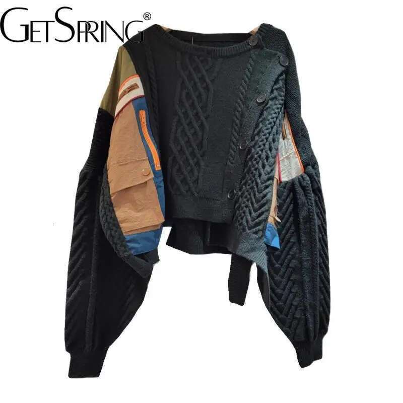 Getspring Women Sweater Irregular Color Matching Single Breasted Cardigans Fashion Loose All Match Short Knitted Tops