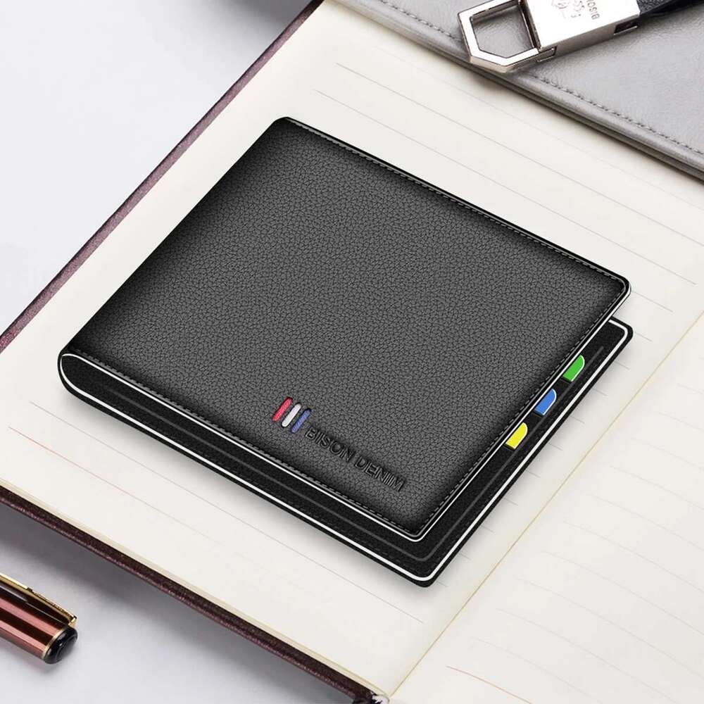 BISON DENIM 100% Genuine Cowskin Leather Men Brand RFID Bifold Zipper Coin Purse Card Holder Wallet