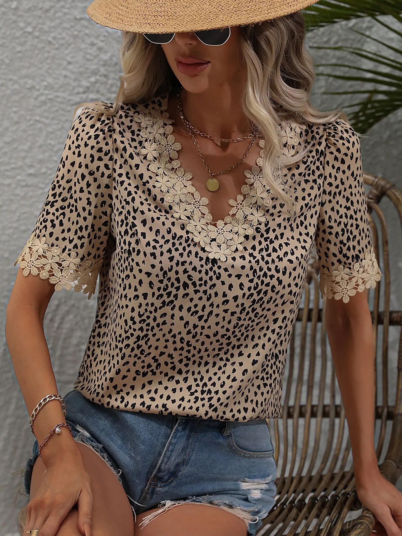 Elegant casual womens shirt Vneck short sleeve lace full body printed 250514