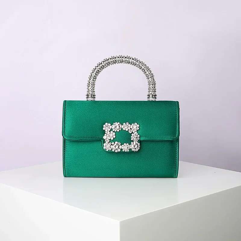 Rhinestone Faux Silk Emerald Evening Bag Sier Dia Buckle Handle Fashion Handbags Elegant Ladies Square Bolsa Feminina