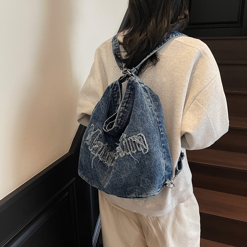 2025 spring/summer new niche design, fringed letter washed denim tote hand-held bill of lading shoulder bag, women's bag