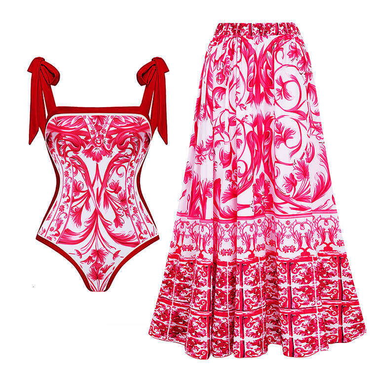 New double-sided European and American one-piece women's conservative vacation swimsuit chiffon printed wrapped skirt set 2025 new casual versati