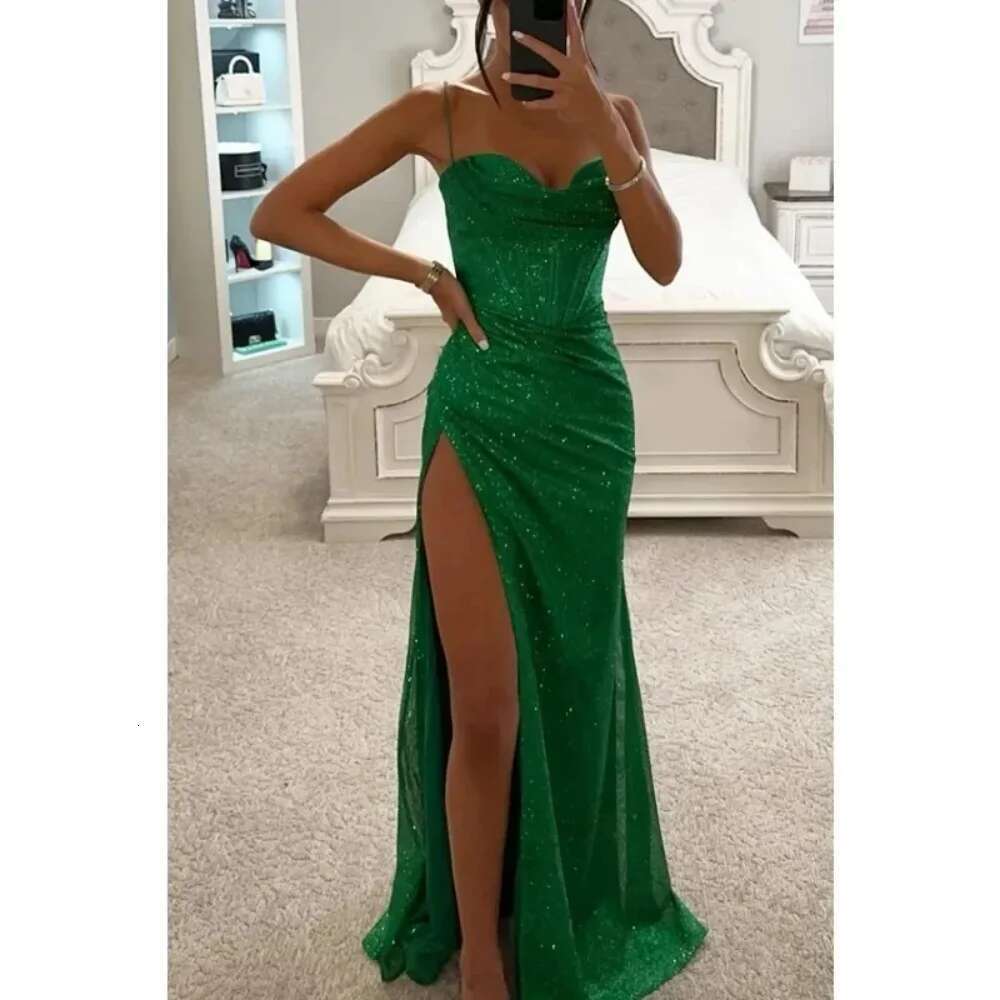 Women's S-XL size Party Fashion Suspender with A Straight Neckline Sleeveless Solid Color Slim Fit Slit Casual Long Dress