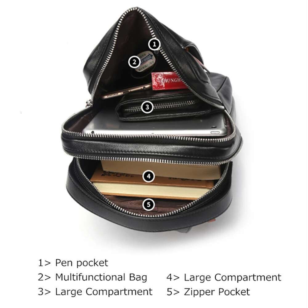 BISON DENIM Genuine Leather Crossbody Bags Multifunctional Zipper Shoulder Bag Casual Men Chest Waist Pack N2425