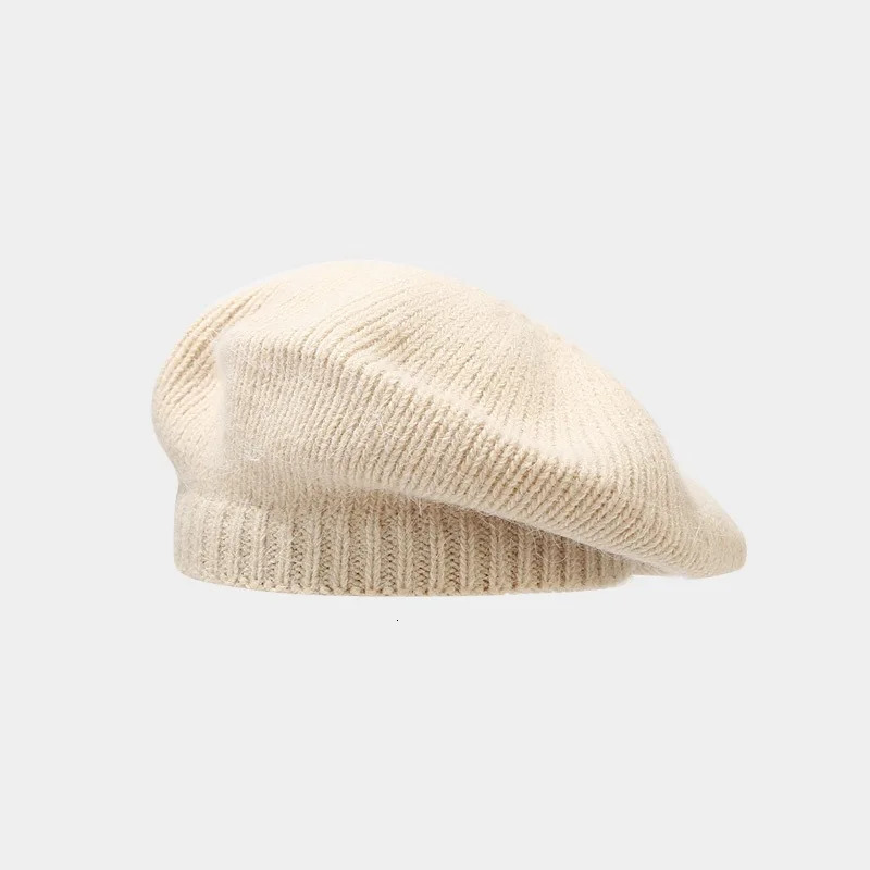 Simple Women Rabbit Fur Knitted Beret French Fashion Artist Winter Warm Beanie Hat Vintage Plain Solid Solor Painter Skull Cap 250514