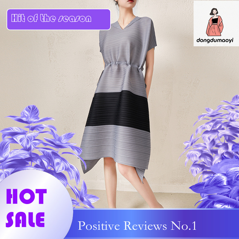 dongdumaoyi Miyake color blocking pleated summer belly covering dress high end stylish slimming and age reducing A level