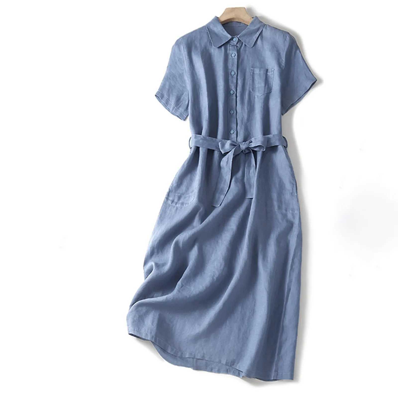 Vintage Cotton Linen Shirt Dress For Women Solid Plus Size Casual Long Dresses Ladies Slim A Line Tunic Dress Outfits For SummerXJ250514